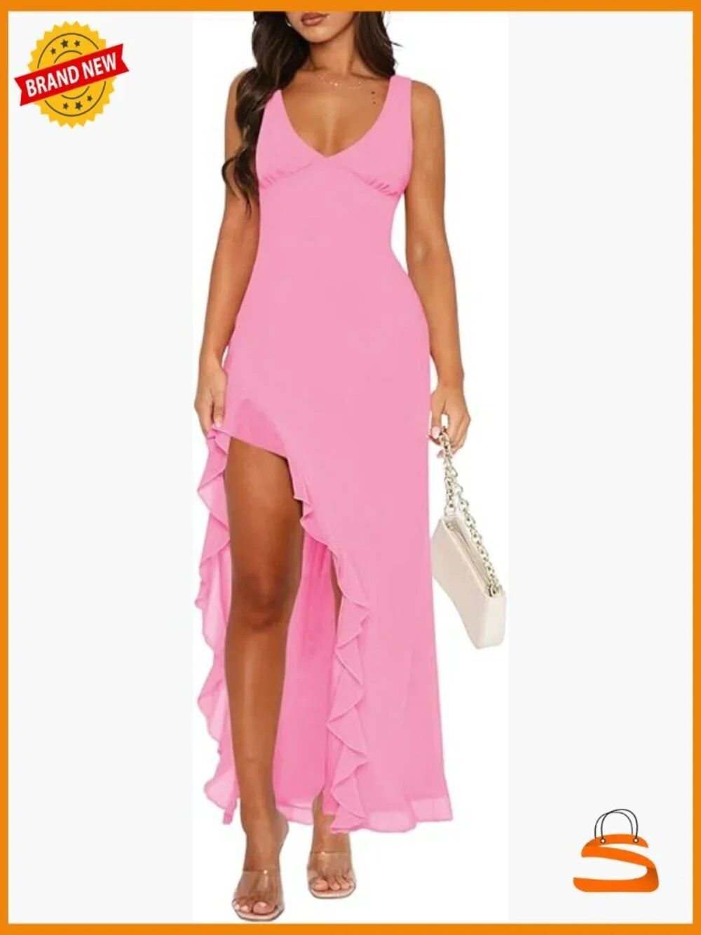 Sexy V Neck Mesh Bodycon Maxi Dress with Side Slit and Ruffle Hem